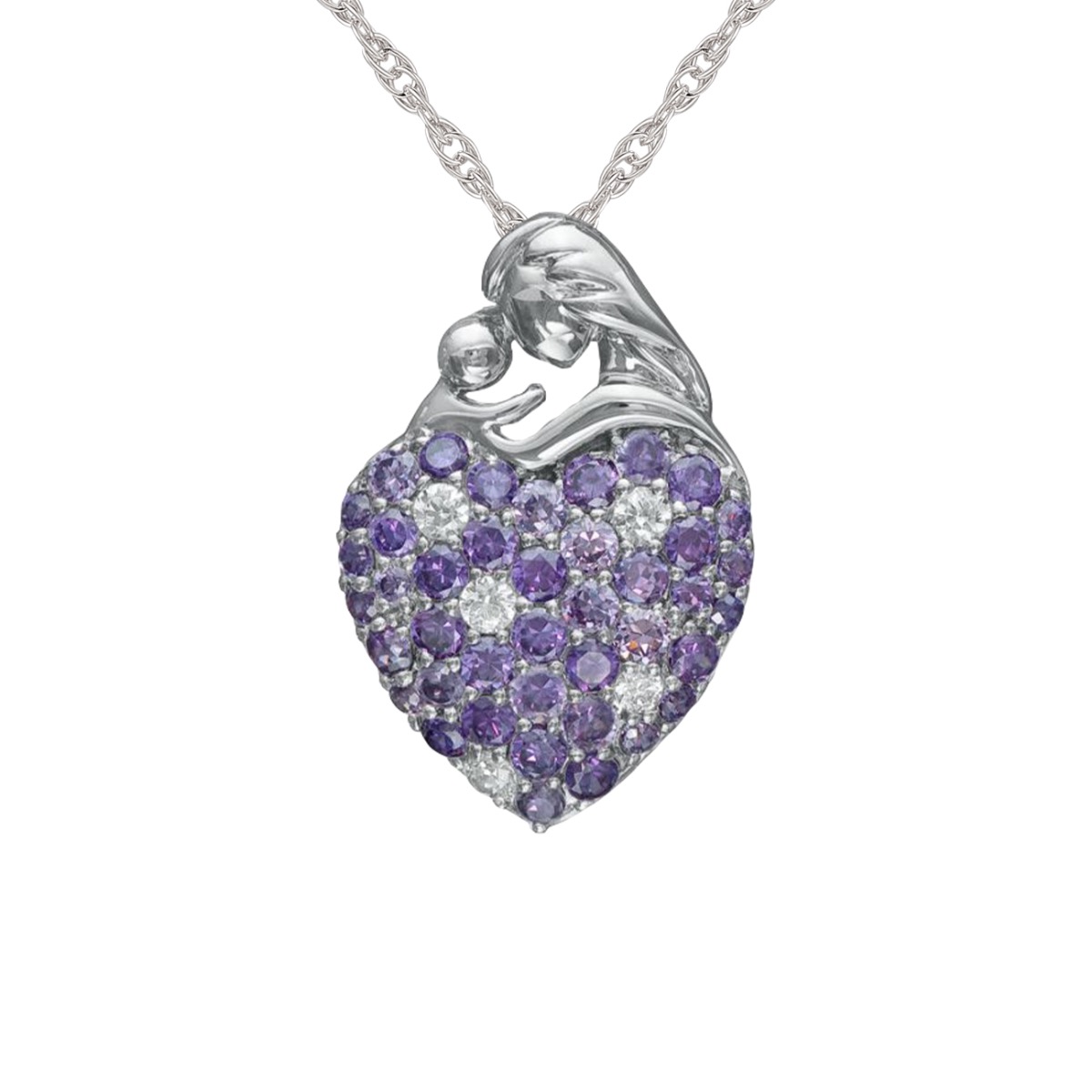 Sterling Silver Amethyst and Lab-Created White Sapphire Mother and Child Heart Pendant