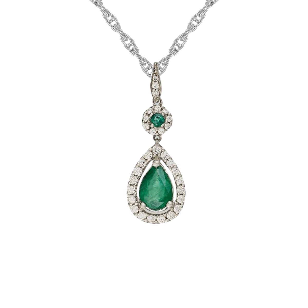 14k White Gold Emerald and 1/3 CT. T.W. Diamond Drop Pendant 