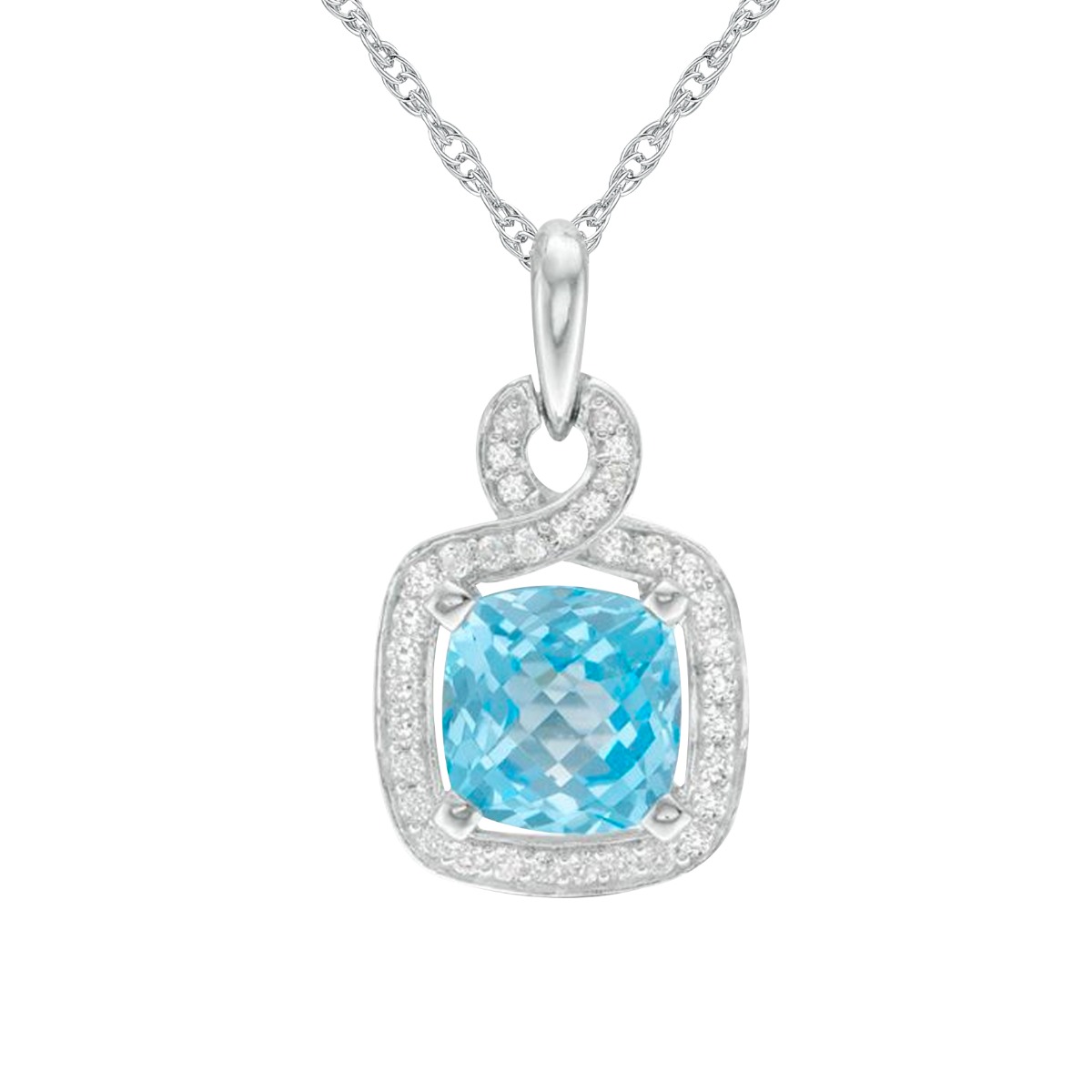 Sterling Silver Cushion-Cut Blue Topaz and Lab-Created White Sapphire Frame Pendant