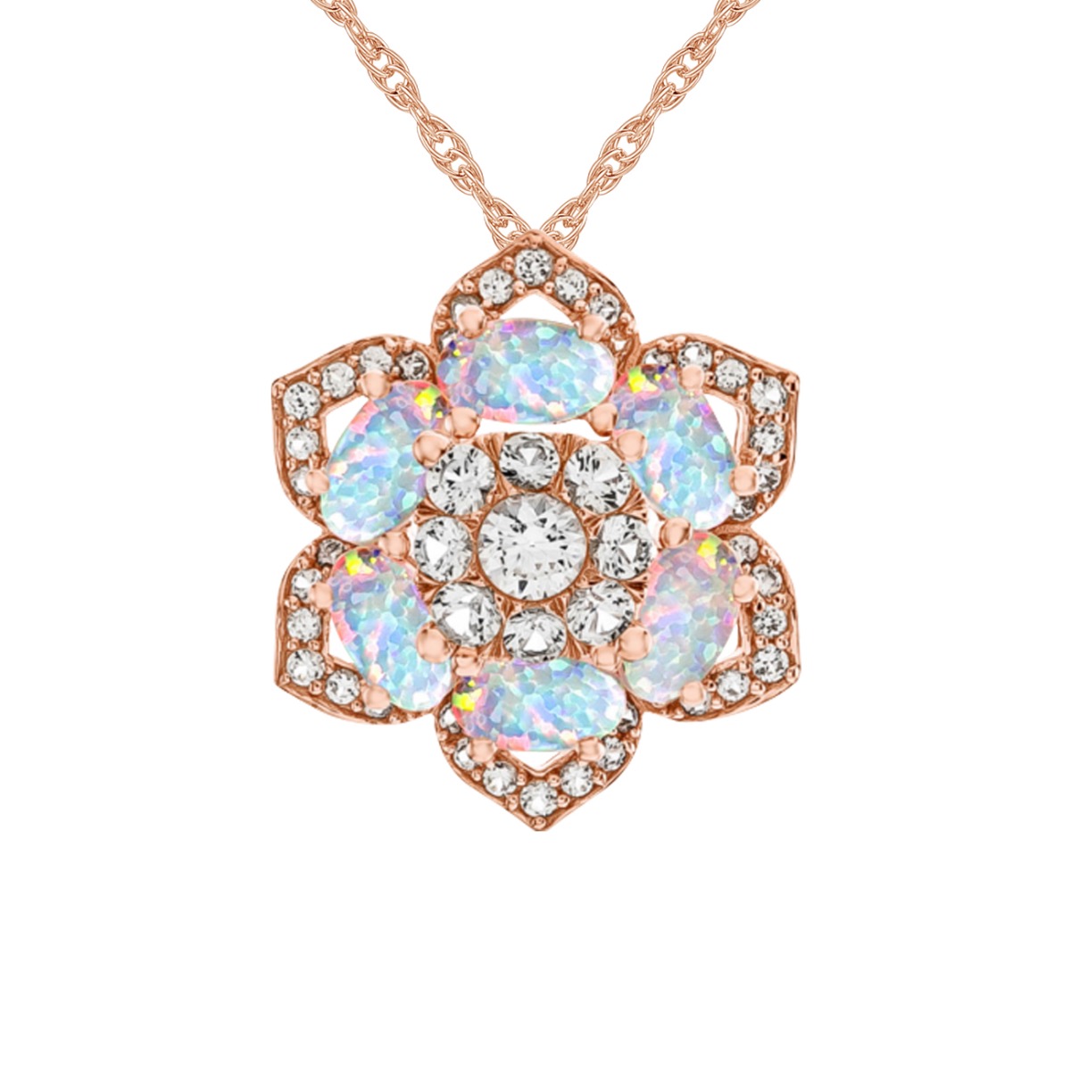 14K Rose Gold Over Sterling Silver Lab-Created Opal and Lab-Created Sapphire Flower Pendant 