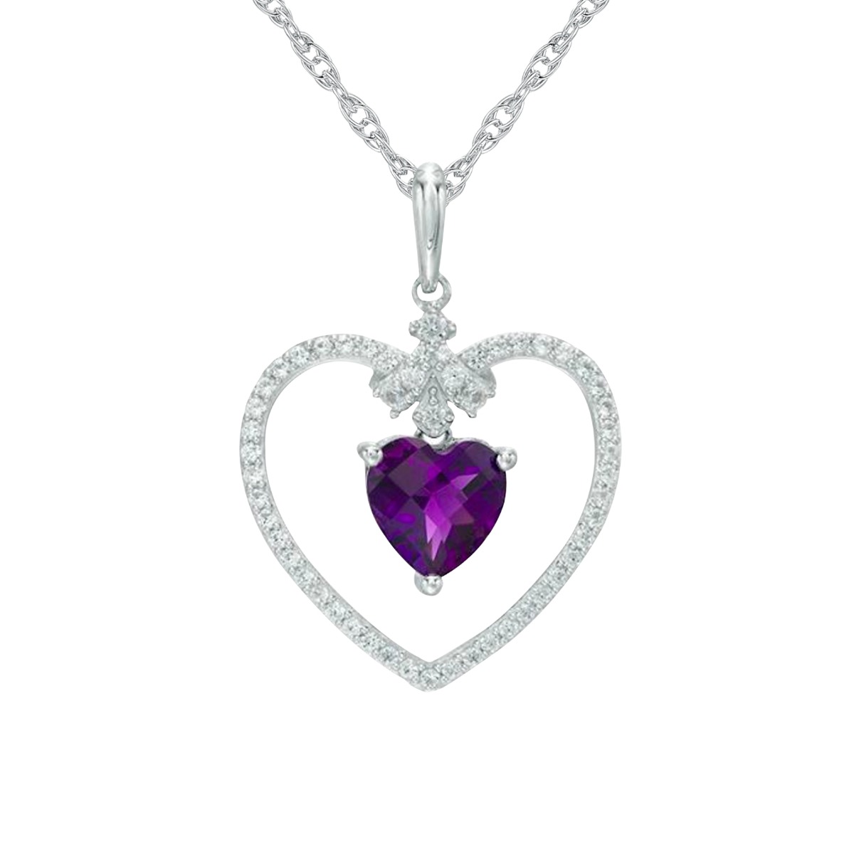  Sterling Silver Heart-Shaped Amethyst and Lab-Created White Sapphire Heart Pendant