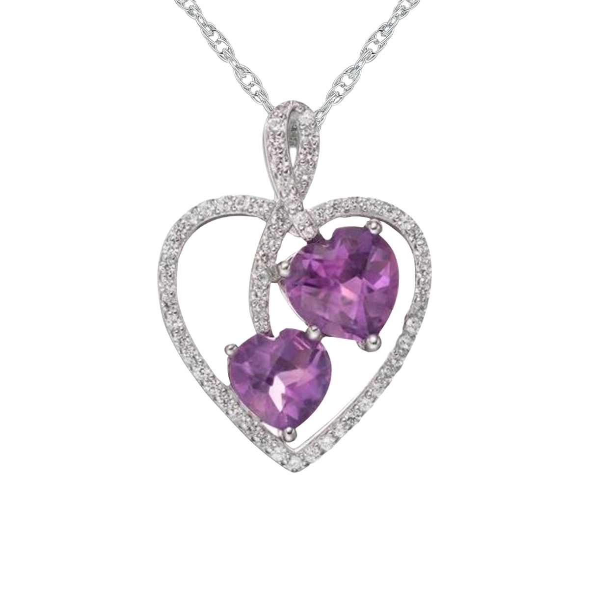 Sterling Silver Amethyst & Lab-Created White Sapphire Double Heart Pendant 