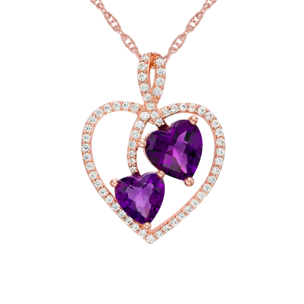 14K Rose Gold over Silver Silver Amethyst and Lab-Created White Sapphire Double Heart Pendant
