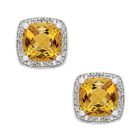 Sterling Silver Cushion Cut Citrine and 1/8 CT. T.W. Diamond Halo Stud Earrings 