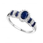 Genuine Sapphire and Diamonds Ring, Center Stone Surrounded by Halo of Diamonds,14K white Gold (Diamond 1/10 cttw)