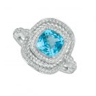  Sterling Silver Cushion Cut Blue Topaz and 3/8 CT. T.W. Diamond Rope Frame Ring