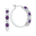 Sterling Silver Amethyst and Lab Created White Sapphire Alternating Hoop Earrings