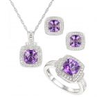 Sterling Silver Amethyst and White Topaz Ring, Earring and Pendant Set