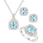 Sterling Silver Blue and White Topaz Ring, Earring and Pendant Set