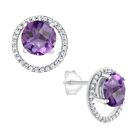 Sterling Silver Amethyst  and 1/6 CT. T.W. Diamond Halo Stud Earrings