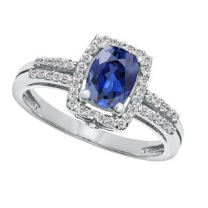 Sterling Silver Cushion Cut Lab Created Blue and White Sapphire Halo Ring