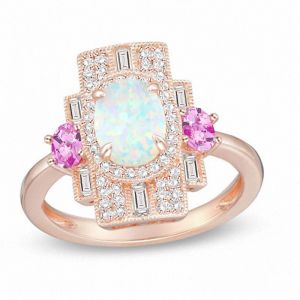  10K Rose Gold Oval Opal, Pink Sapphire and 3/8 CT. T.W. Diamond Vintage Art Deco Ring 