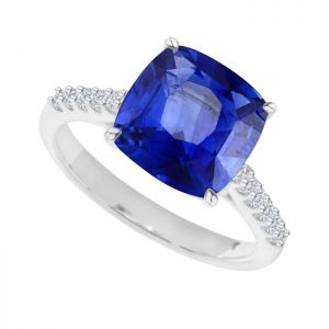 14k White Gold over Sterling Silver Cushion Cut Lab-Created Sapphire and Lab-Created White Sapphire Ring