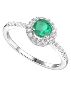 14K White Gold Genuine Emerald and 1/6 CT. T.W. Diamond Halo Ring