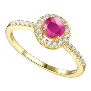 14K Yellow Gold Genuine Ruby and 1/6 CT. T.W. Diamond Halo Ring