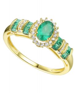 Genuine Emerald and Diamonds Ring, Center Stone Surrounded by Halo of Diamonds,14K Yellow Gold (Diamond 1/10 cttw)