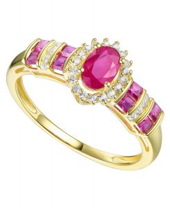 14K Yellow Gold Genuine Ruby and 1/10 CT. T.W. Diamond Ring