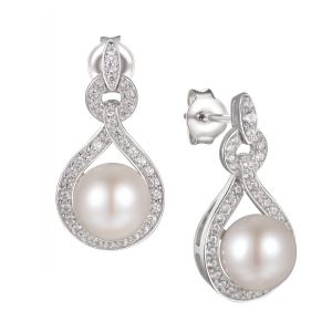 Sterling Silver White Cultured Freshwater Pearl Earrings with Created White Sapphire Accents