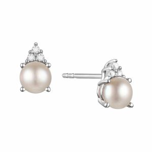 14K Gold Freshwater Pearl and Diamonds Stud Earrings , (Your choice: White, Pink, or Yellow Gold)