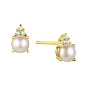 14K Gold Freshwater Pearl and Diamonds Stud Earrings , (Your choice: Yellow, White, or Pink Gold)