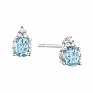 14K Gold Aquamarine and Diamonds Stud Earrings , (Your choice: Yellow or White, Gold)