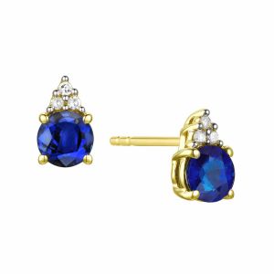 14K Gold Sapphire and Diamonds Stud Earrings , (Your choice: Yellow or White Gold)