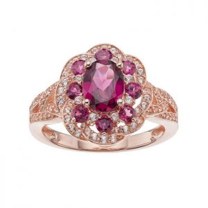 14K Rose Gold over Sterling Silver Rhodolite Garnet and Lab-Created White Sapphire Flower Ring