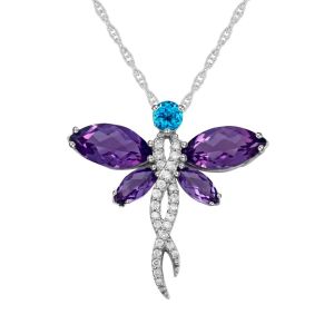 Sterling Silver Amethyst and Created Blue Topaz white sapphire dragonfly Pendant