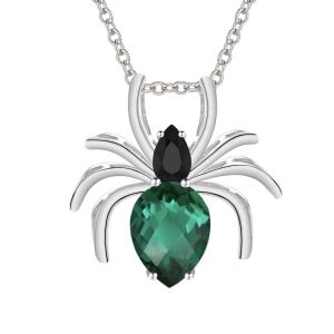 Genuine Black Onyx and Simulated Emerald Spider Pendant Necklace