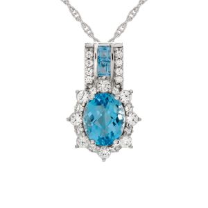 Sterling Silver Oval Blue Topaz and Lab-Created White Sapphire Pendant