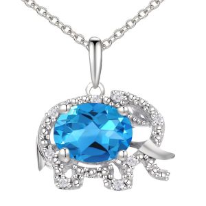 Lab Created  Blue Topaz Elephant Sterling Silver Pendant Necklace