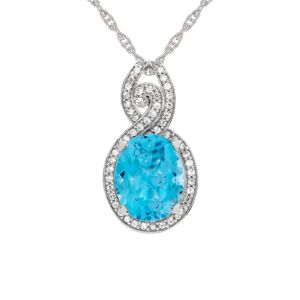 Sterling Silver Oval Blue Topaz  and Lab-Created White Sapphire Pendant