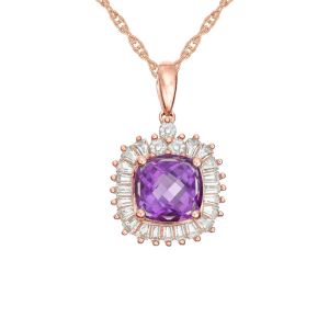 14K Rose Gold over Sterling Silver Cushion Cut Amethyst and Lab-Created White Sapphire Frame Pendant 
