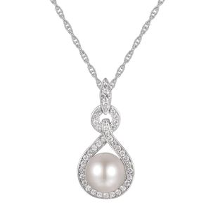 Sterling Silver White Cultured Freshwater Pearl Pendant with Created White Sapphire Necklace.