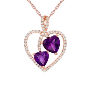 14K Rose Gold over Silver Silver Amethyst and Lab-Created White Sapphire Double Heart Pendant