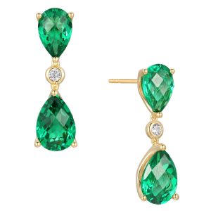 14K Yellow Gold over Sterling Silver Lab Created Emerald and Lab Created White Sapphire Pear Drop Earrings 