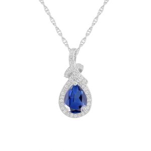 Sterling Silver Lab Created Blue and White Sapphire Pear Drop Pendant with 18" Chain