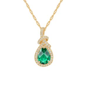 14K Yellow Gold over Sterling Silver Lab Created Emerald and Lab Created White Sapphire Pear Drop Pendant with 18" Chain