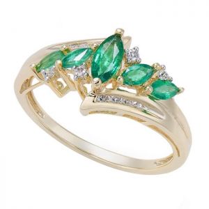 14K Yellow Gold Emerald & 1/10 CT. T.W. Diamond Marquise Ring  