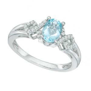 Sterling Silver Oval Aquamarine and Lab-Created White Sapphire Split Shank Ring
