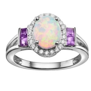 Sterling Silver Lab-Created Opal & Amethyst Halo Ring 