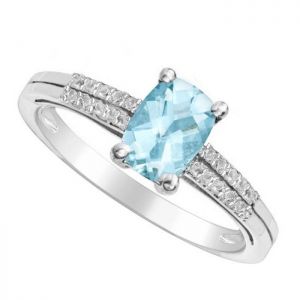 Sterling Silver Cushion Cut Aquamarine and White Topaz Accent Ring 