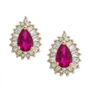 14K Yellow Gold Ruby and 1/3 CT. T.W. Diamond Frame Stud Earring 