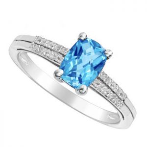  Sterling Silver Cushion Cut Blue and White Topaz Ring 