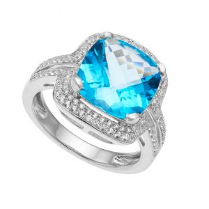 Sterling Silver Blue Topaz & Lab-Created White Sapphire Cushion Halo Ring