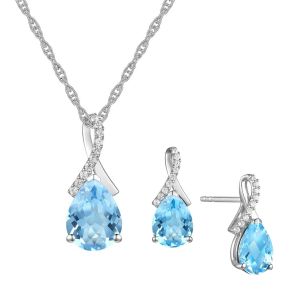 Sterling Silver Teardrop Blue Topaz and Created White Sapphire Set