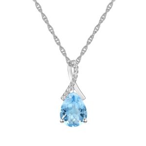 Sterling Silver Blue Topaz and Created White Sapphire Pendant w/ 18" Chain 9x7 Stone