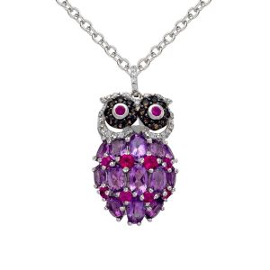 Sterling Silver Multi-Gemstone Owl Pendant Necklace
