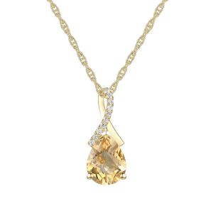 14K Over Sterling Silver Citrine and Created White Sapphire Pendant w/ 18" Chain 9x7 Stone