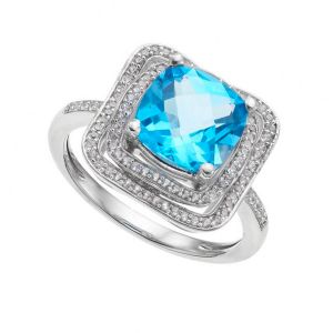 Sterling Silver Cushion Cut Blue Topaz and Lab-Created White Sapphire Tiered Halo Ring